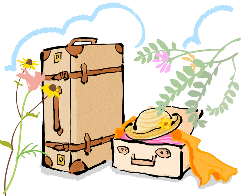 フリーイラスト（無料素材）旅行の準備　帽子、旅行鞄、スーツケース