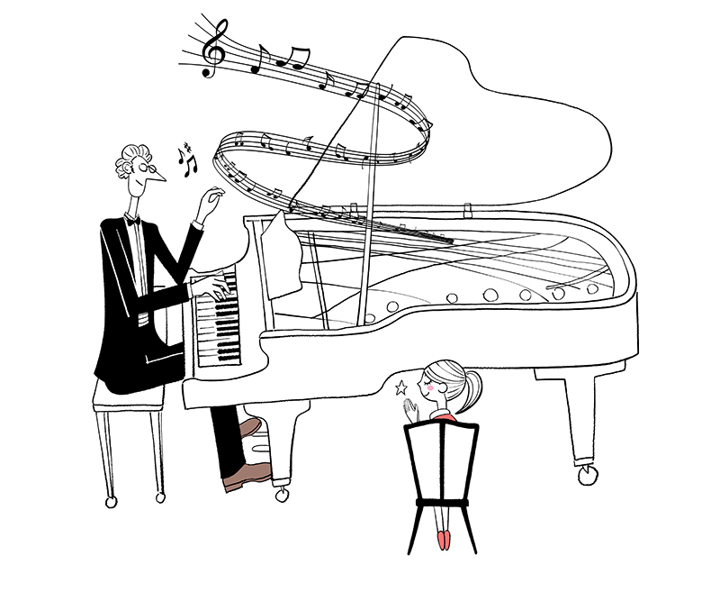 フリーイラスト（無料素材）ピアノを弾く男性（パパ）と拍手する女の子
