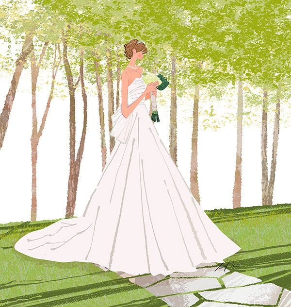 フリーイラスト（無料素材）高原、森の教会に立つウェディングドレスの花嫁