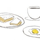 モーニング。トースト、卵、コーヒー