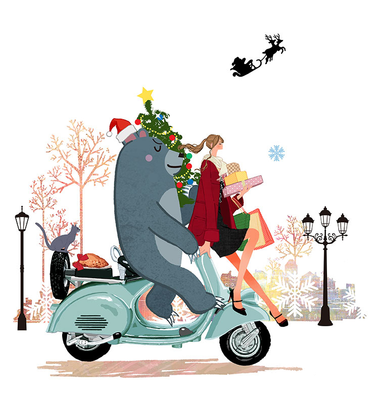 フリーイラスト（無料素材）クリスマス。プレゼントとツリーを持ってスクーターに乗る女の子と熊