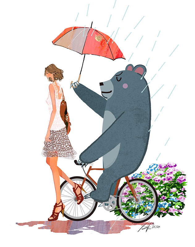 梅雨・傘を差すクマと一緒に歩く女性