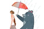 梅雨・傘を差すクマと一緒に歩く女性