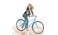作品NO.F025　自転車,乗る,街,コート,ファッション,女の子,町