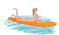 作品NO.F060　海,女の子,ビキニ,サーフボード,サーフィン,寝転ぶ,ポニーテール