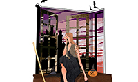 作品NO.i164　ハロウィン,かぼちゃ,魔法,ほうき,こうもり,窓辺,座る