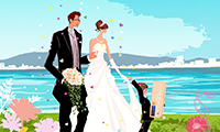 作品NO.KW014　ウェディングドレス,結婚,花嫁,新郎,カップル,海,子供