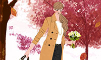 作品NO.iof004　秋,紅葉,コート,花束を持って階段を降りる女の子