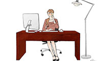 作品NO.iof095　「プースカフェ・ジョブ」,オフィスで働く女性,パソコンで仕事,イラスト作成