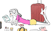 作品NO.cif004　旅行の準備をする女の子,スーツケース,読書,寝転ぶ,うつ伏せ,イラスト制作