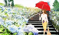 作品NO.iof193　アジサイ,傘を差して歩く,雨,女性,illustration,イラスト,illustrator