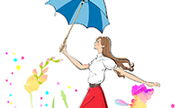 作品NO.iwf358　TR-mag.NO.58,福地桃子さん／雨上がり、傘を持ってスキップする女性のイラスト