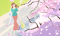 作品NO.dc061　春、桜の下を歩く女性のイラスト