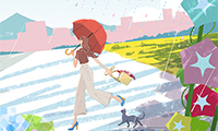 作品NO.lmg017　傘をさして走る女性と猫のイラスト