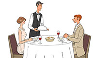 作品NO.fc071　レストランで食事するカップル,ウエイター,フレンチ,ディナー,イラスト
