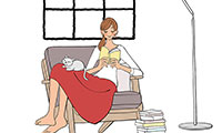 作品NO.fc070　ソファに座って読書,本を読む,猫,女性,イラスト