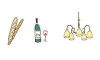 作品No.fc017_4　バゲット,パン,ワイン,グラス,電気,照明,ライト,イラスト,インテリア
